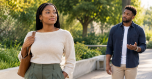Person confidently maintaining healthy emotional boundaries while prioritizing their needs.