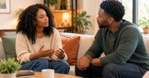 Two people having a respectful conversation about their feelings and personal boundaries.