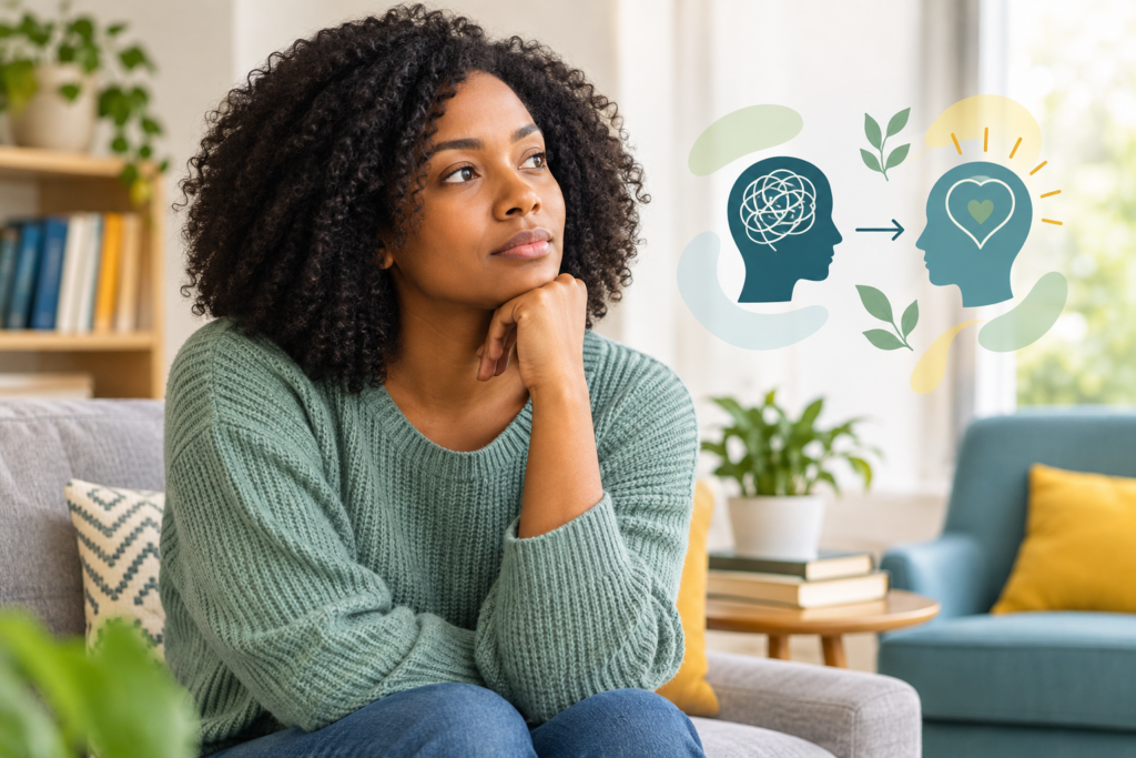 Woman learning to manage social anxiety with Cognitive Behavioral Therapy strategies